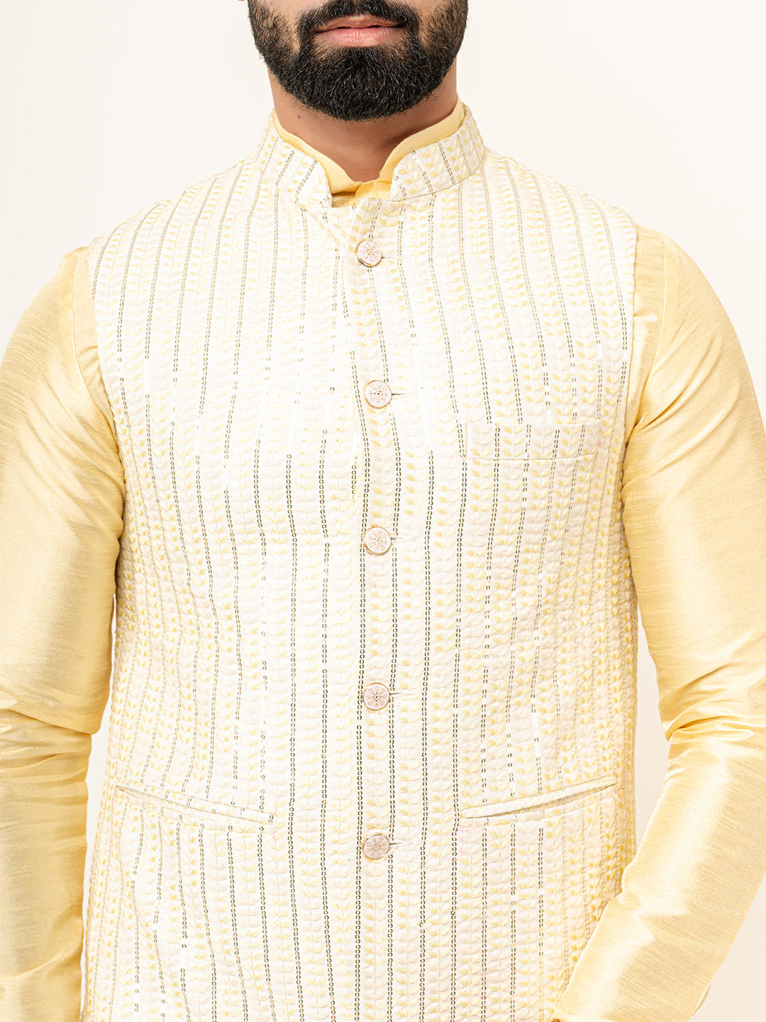 Light Yellow Dupin Solid Kurta With Embroidered Jacket for Men