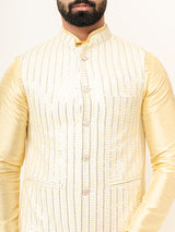 Light Yellow Dupin Solid Kurta With Embroidered Jacket for Men