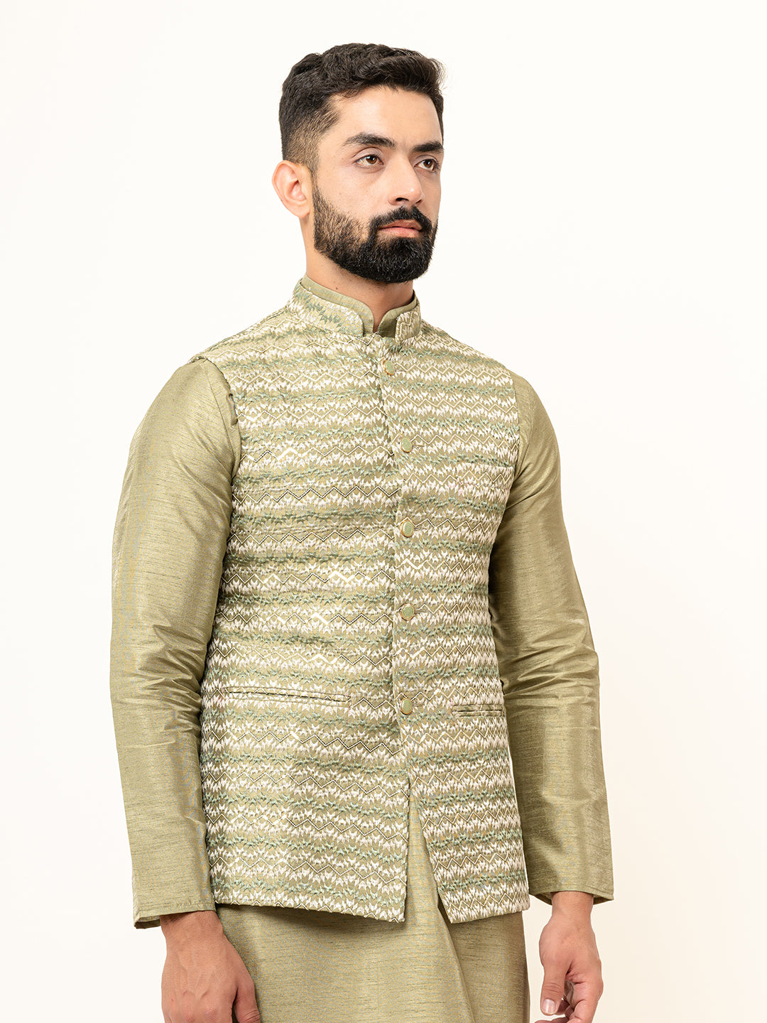 Olive Green Dupin Solid Kurta With Embroidered Jacket for Men