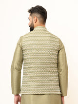 Olive Green Dupin Solid Kurta With Embroidered Jacket for Men