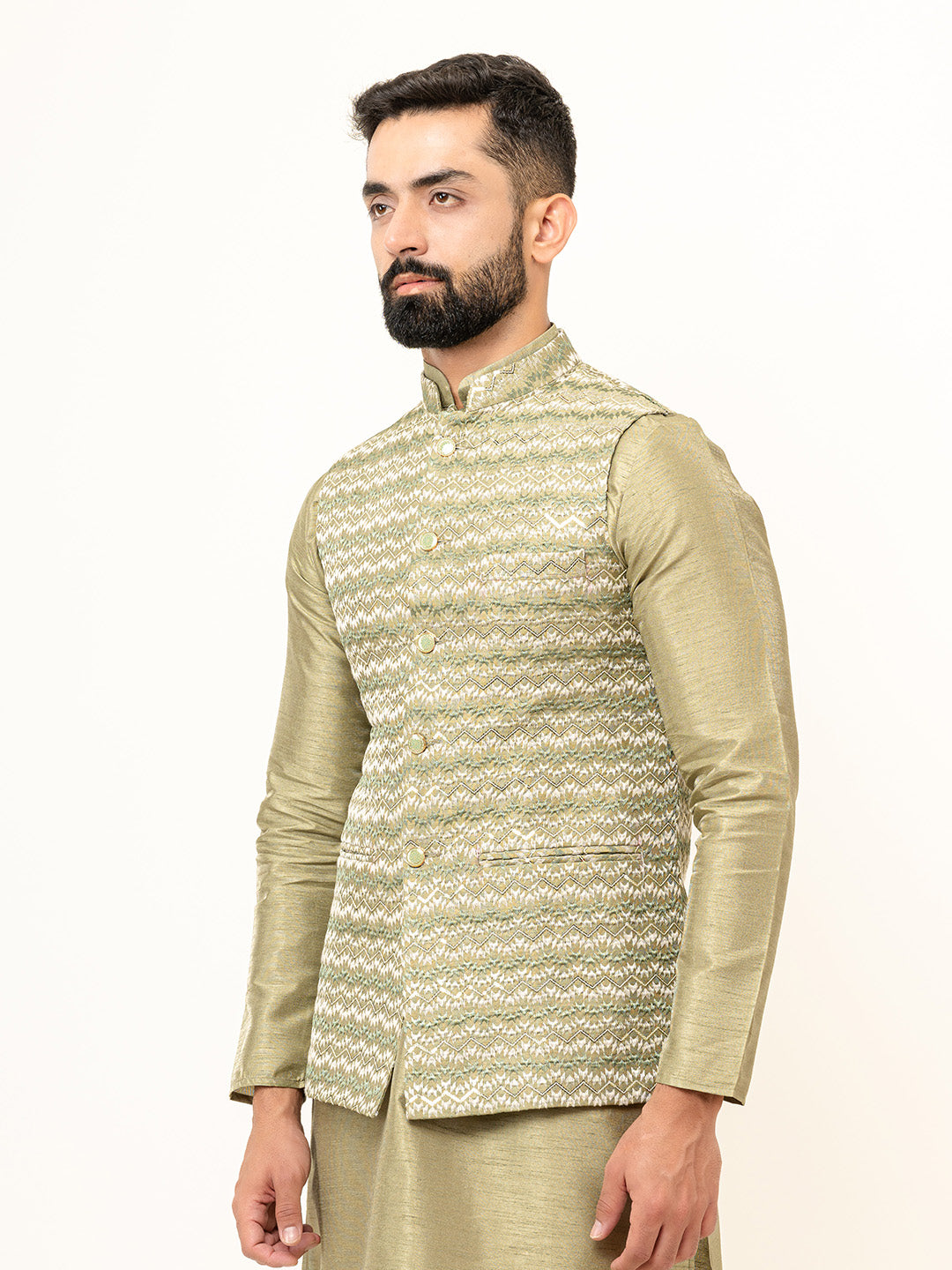 Olive Green Dupin Solid Kurta With Embroidered Jacket for Men