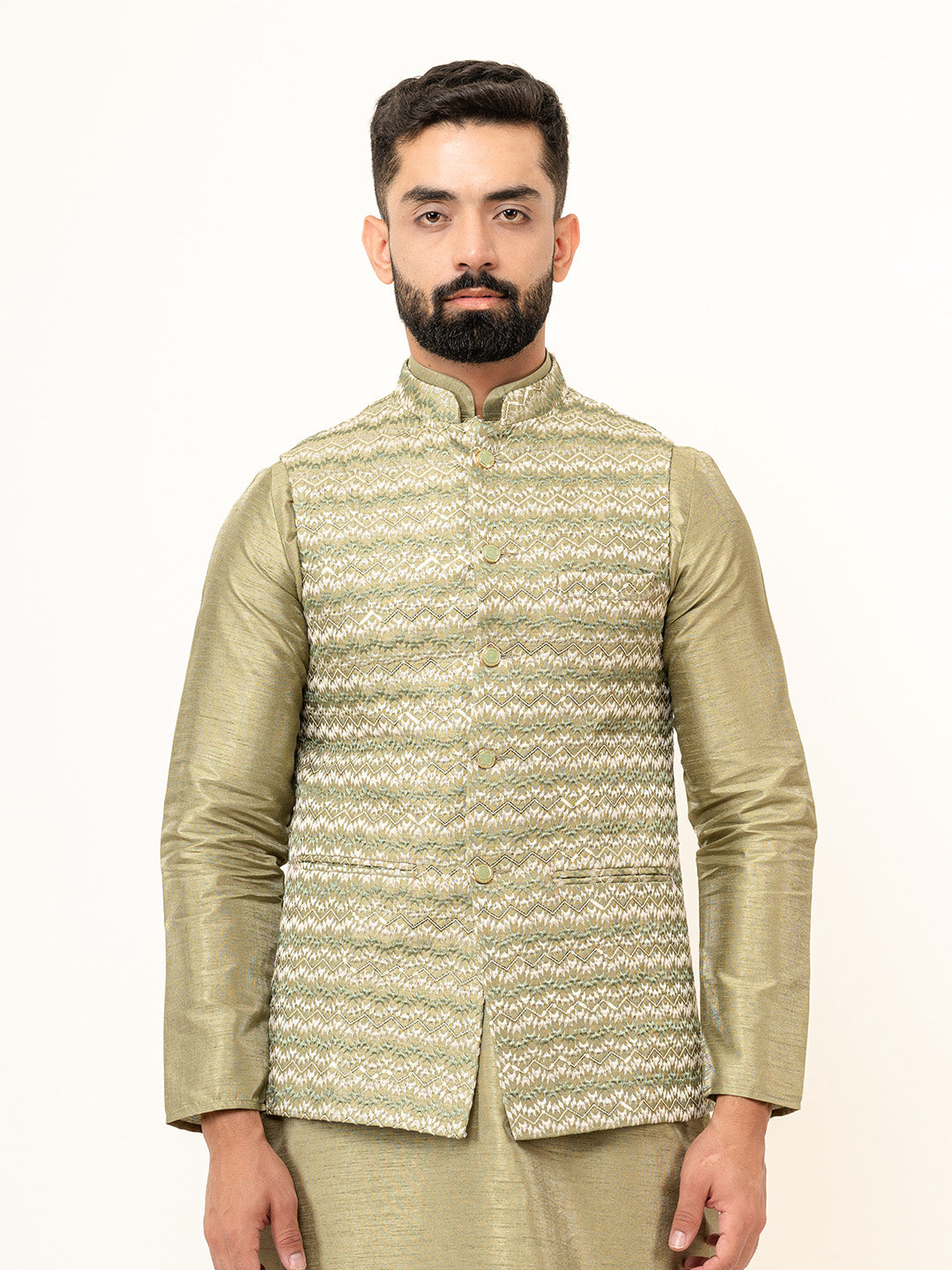 Olive Green Dupin Solid Kurta With Embroidered Jacket for Men