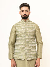 Olive Green Dupin Solid Kurta With Embroidered Jacket for Men