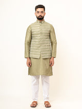 Olive Green Dupin Solid Kurta With Embroidered Jacket for Men