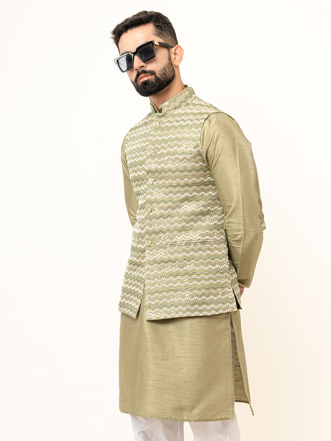 Olive Green Dupin Solid Kurta With Embroidered Jacket for Men