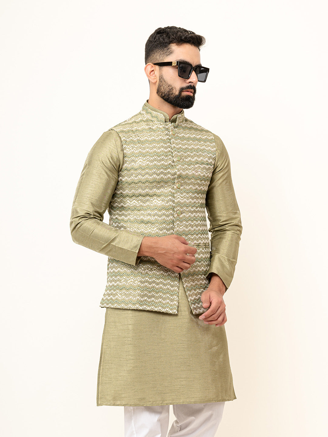 Olive Green Dupin Solid Kurta With Embroidered Jacket for Men