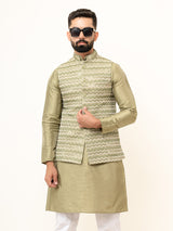 Olive Green Dupin Solid Kurta With Embroidered Jacket for Men