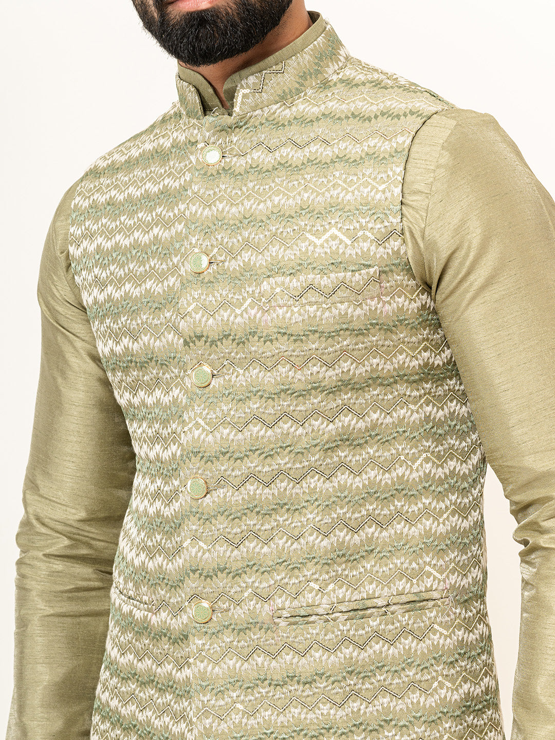 Olive Green Dupin Solid Kurta With Embroidered Jacket for Men