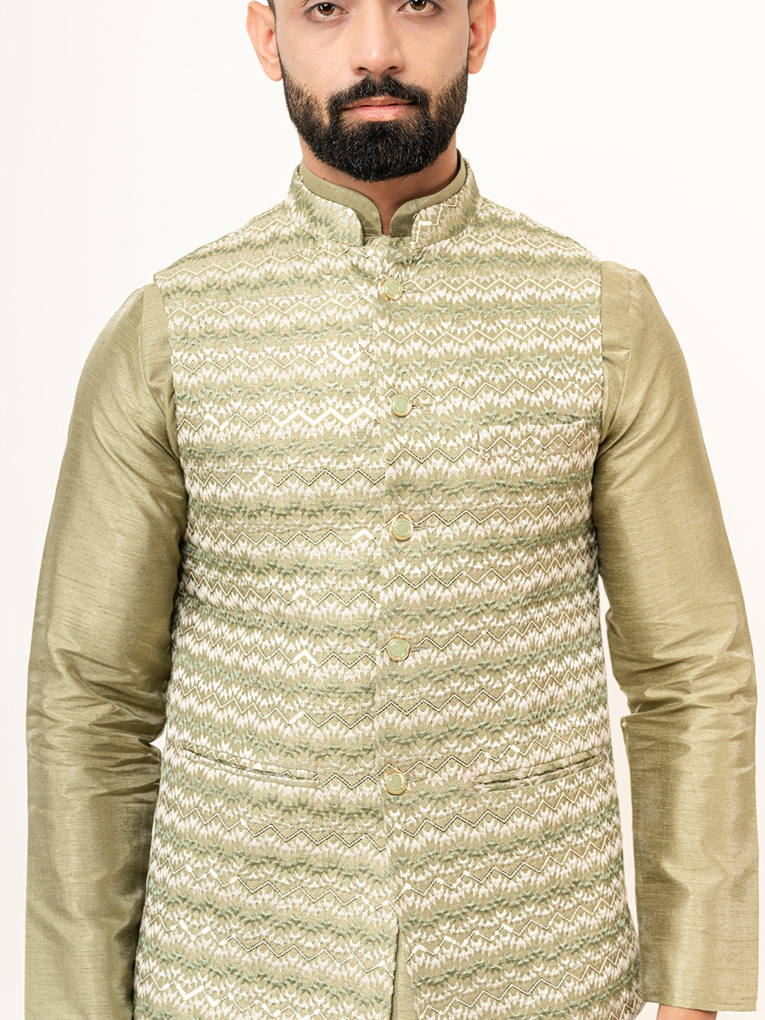 Olive Green Dupin Solid Kurta With Embroidered Jacket for Men