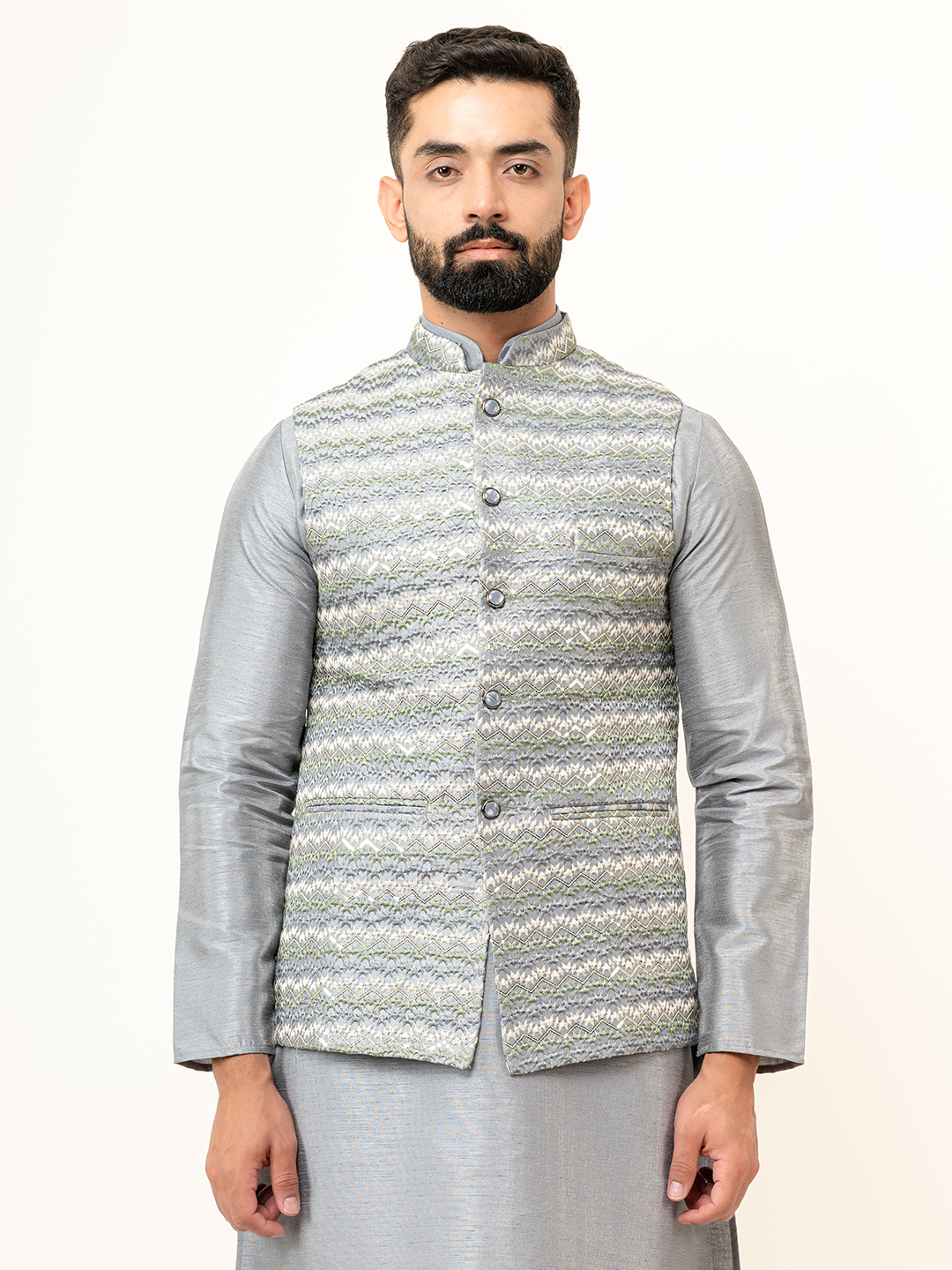 Grey Dupin Solid Kurta With Embroidered Jacket for Men