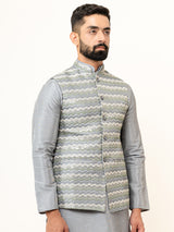 Grey Dupin Solid Kurta With Embroidered Jacket for Men