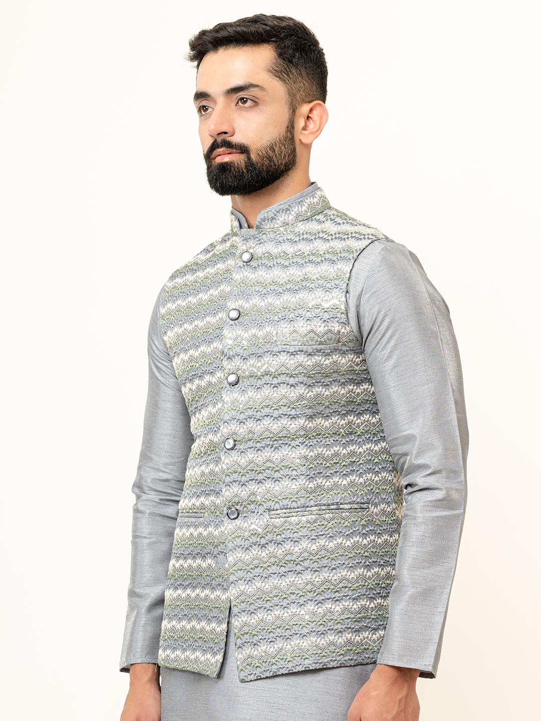 Grey Dupin Solid Kurta With Embroidered Jacket for Men