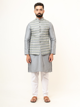 Grey Dupin Solid Kurta With Embroidered Jacket for Men