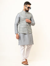 Grey Dupin Solid Kurta With Embroidered Jacket for Men