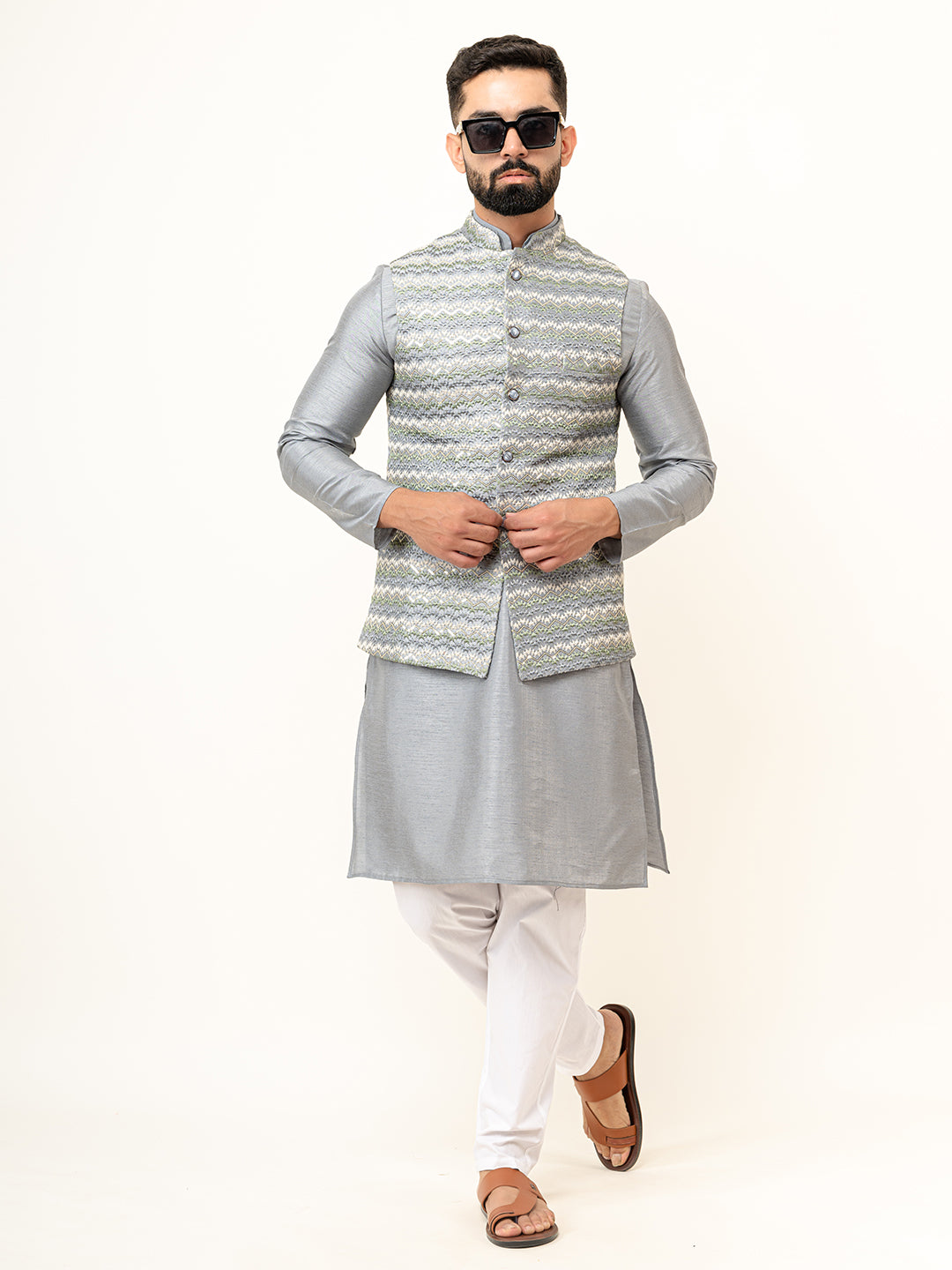 Grey Dupin Solid Kurta With Embroidered Jacket for Men