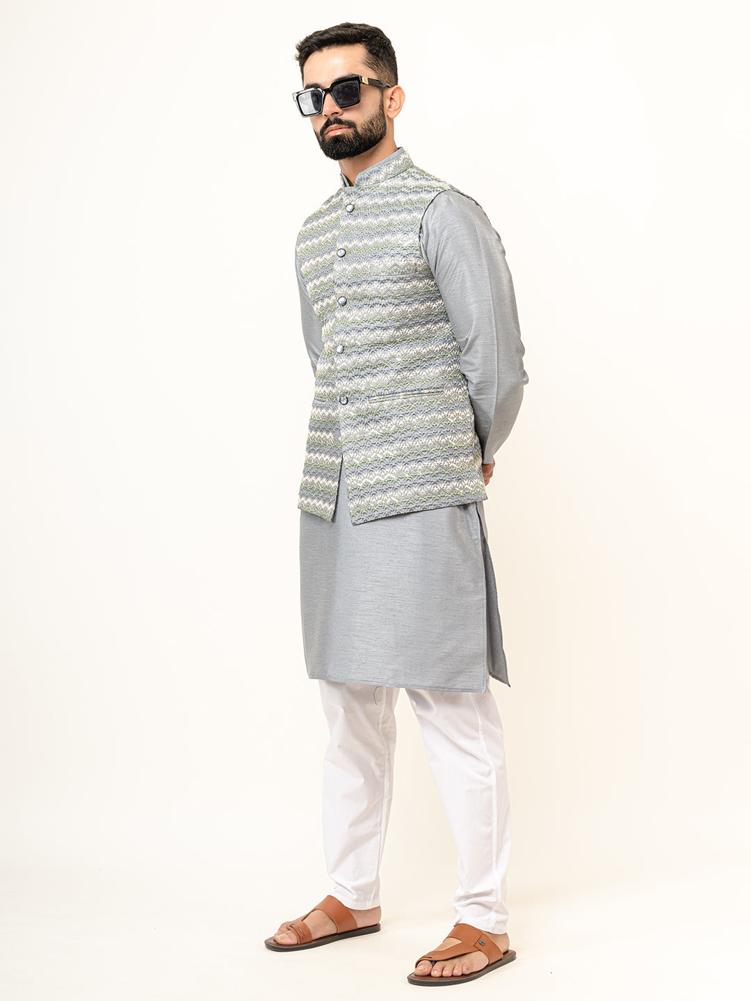 Grey Dupin Solid Kurta With Embroidered Jacket for Men