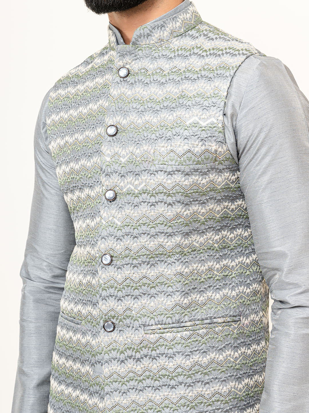 Grey Dupin Solid Kurta With Embroidered Jacket for Men