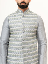 Grey Dupin Solid Kurta With Embroidered Jacket for Men