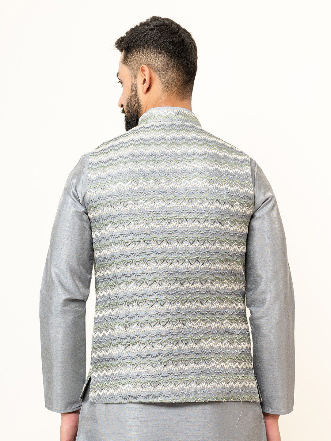 Grey Dupin Solid Kurta With Embroidered Jacket for Men