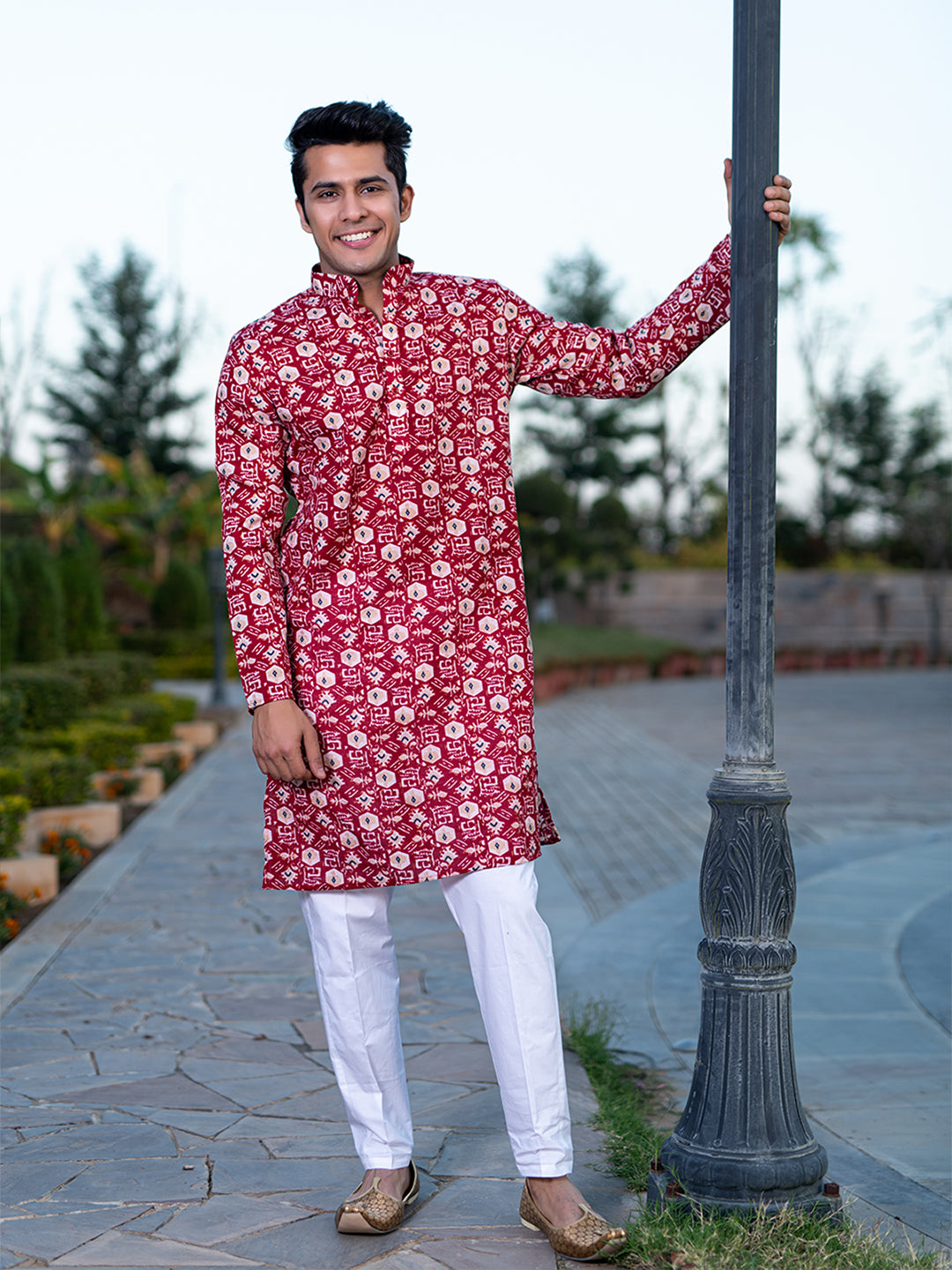 Carmine Red Block Rogan Printed Kurta