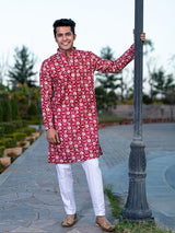 Carmine Red Block Rogan Printed Kurta