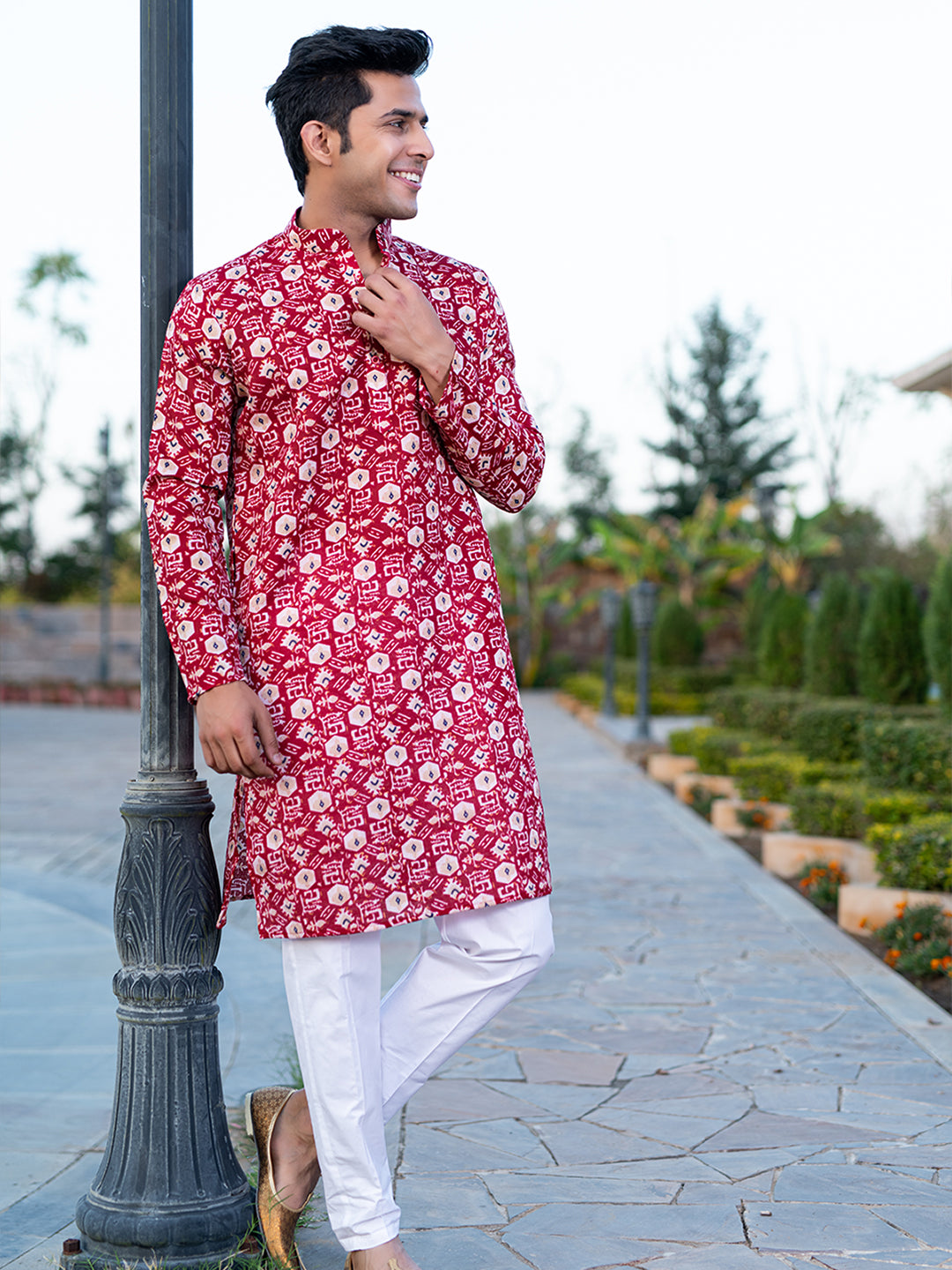 Carmine Red Block Rogan Printed Kurta