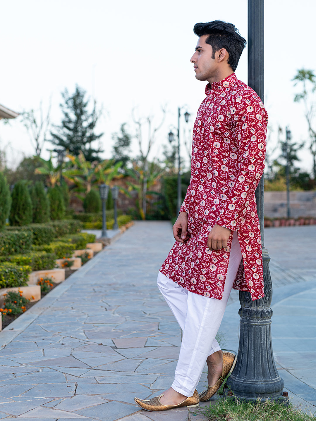 Carmine Red Block Rogan Printed Kurta