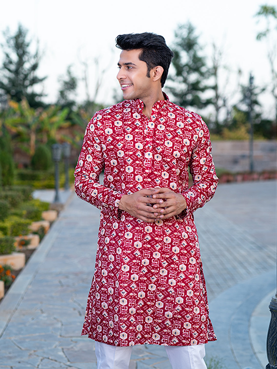 Carmine Red Block Rogan Printed Kurta