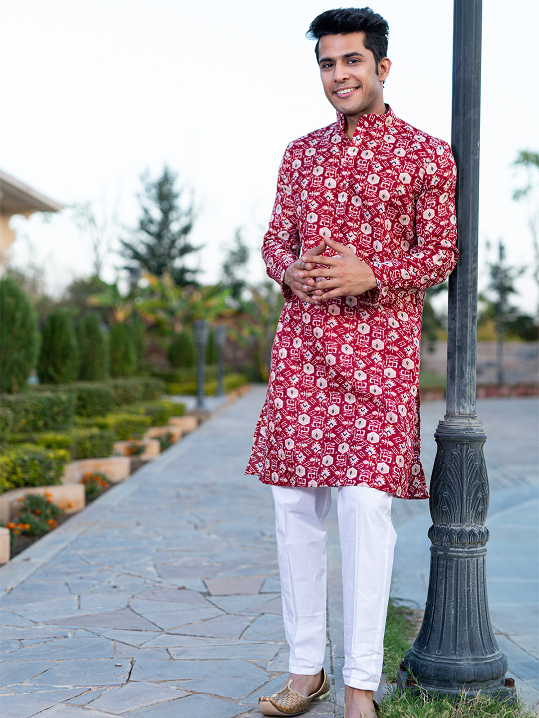 Carmine Red Block Rogan Printed Kurta