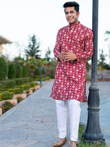 Carmine Red Block Rogan Printed Kurta