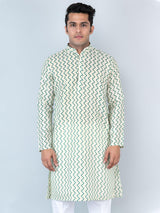 Green Chevron Printed Cotton Mens Kurta - Tistabene