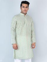 Green Chevron Printed Cotton Mens Kurta - Tistabene