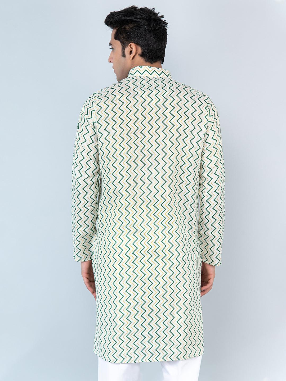 Green Chevron Printed Cotton Mens Kurta - Tistabene