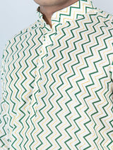 Green Chevron Printed Cotton Mens Kurta - Tistabene