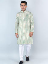 Green Chevron Printed Cotton Mens Kurta - Tistabene