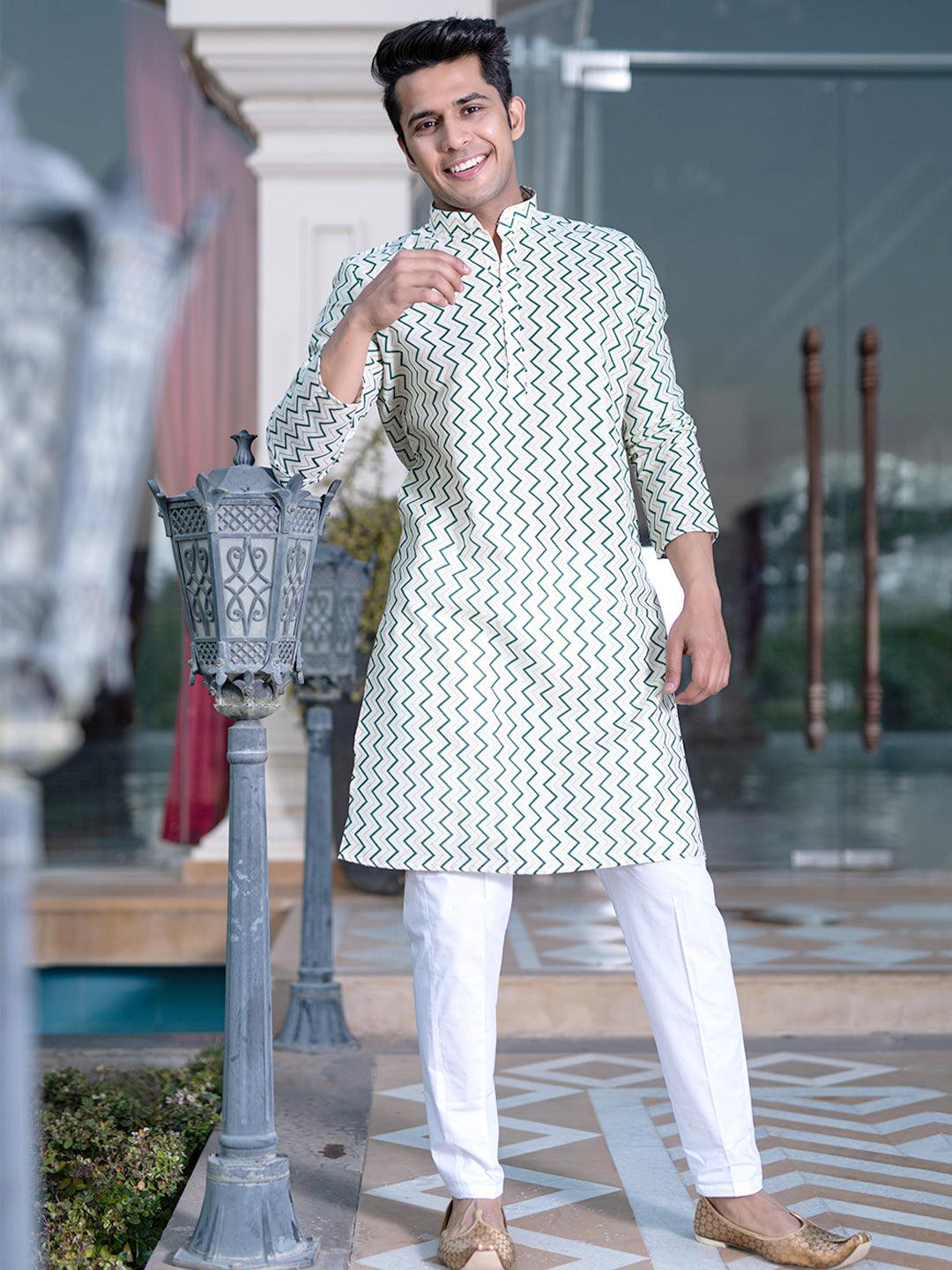 Green Chevron Printed Cotton Mens Kurta - Tistabene