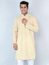 Yellow Chevron Printed Cotton Mens Kurta - Tistabene