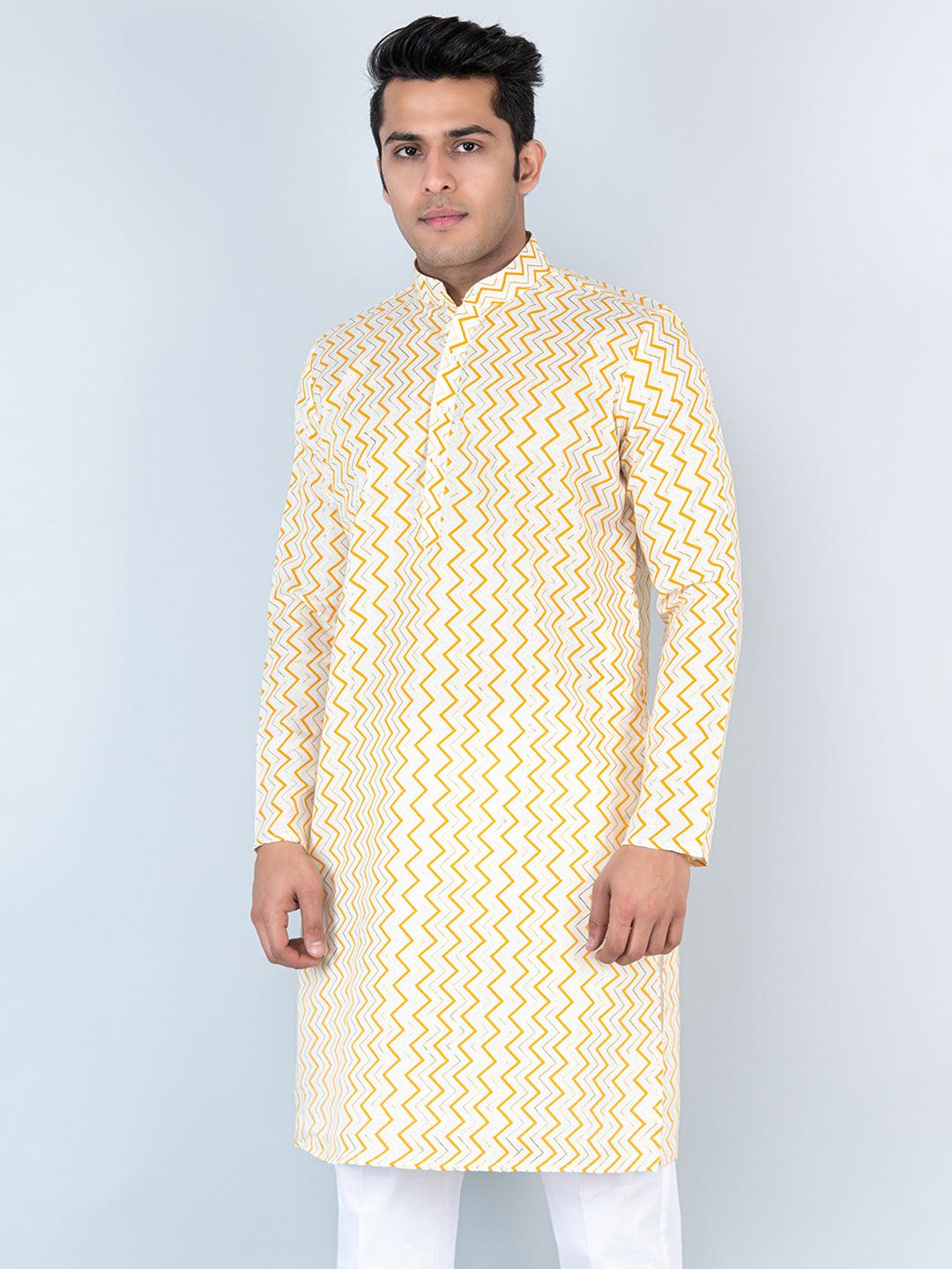 Yellow Chevron Printed Cotton Mens Kurta - Tistabene