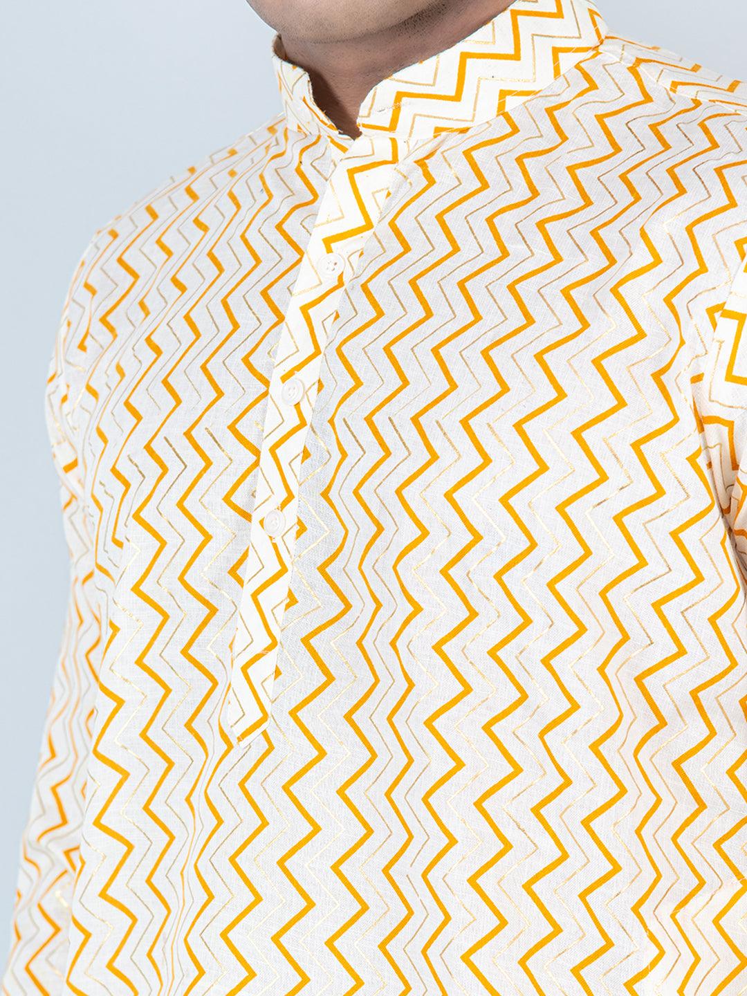 Yellow Chevron Printed Cotton Mens Kurta - Tistabene