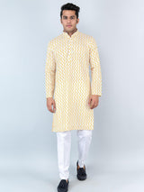 Yellow Chevron Printed Cotton Mens Kurta - Tistabene