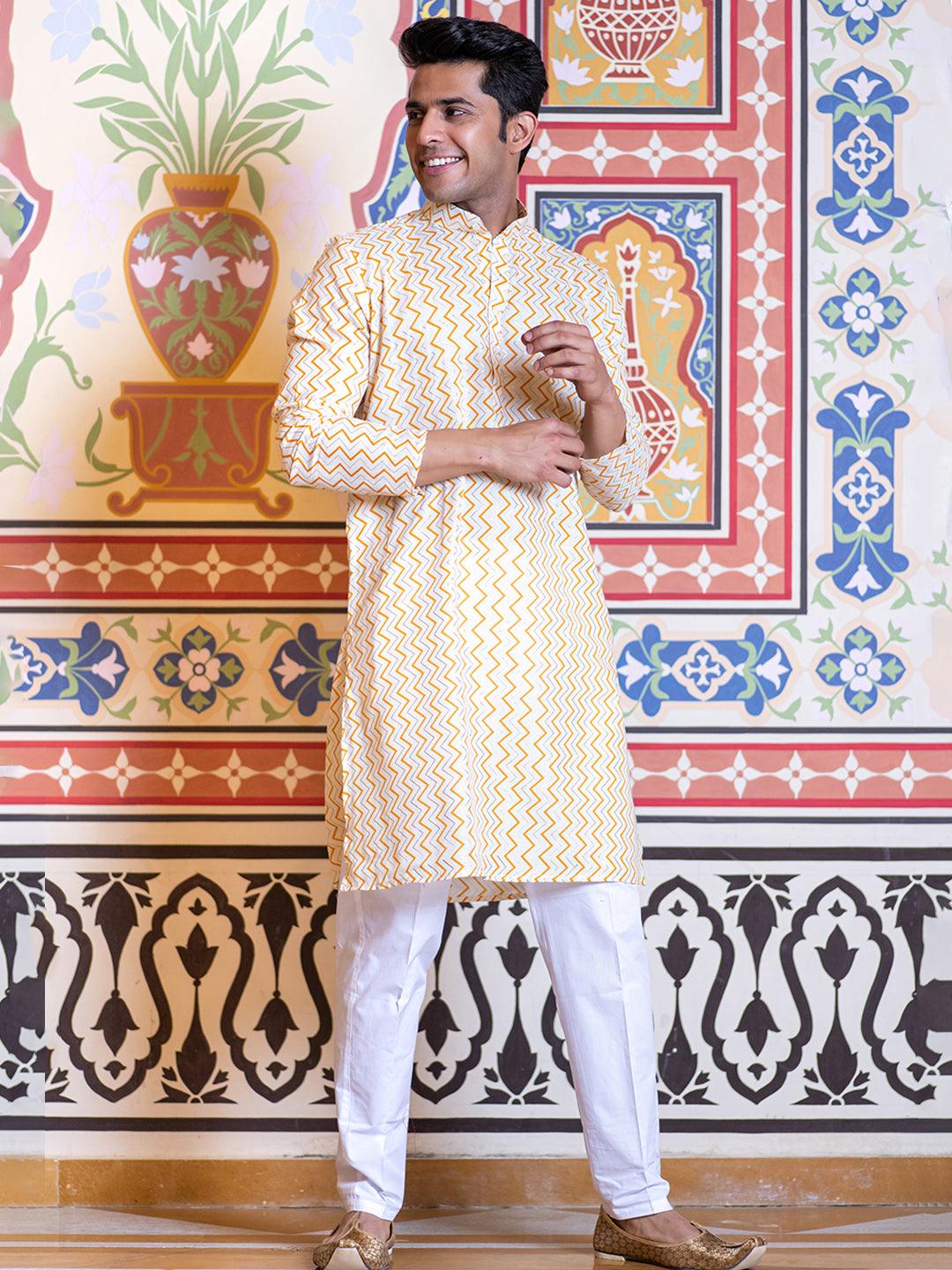 Yellow Chevron Printed Cotton Mens Kurta - Tistabene