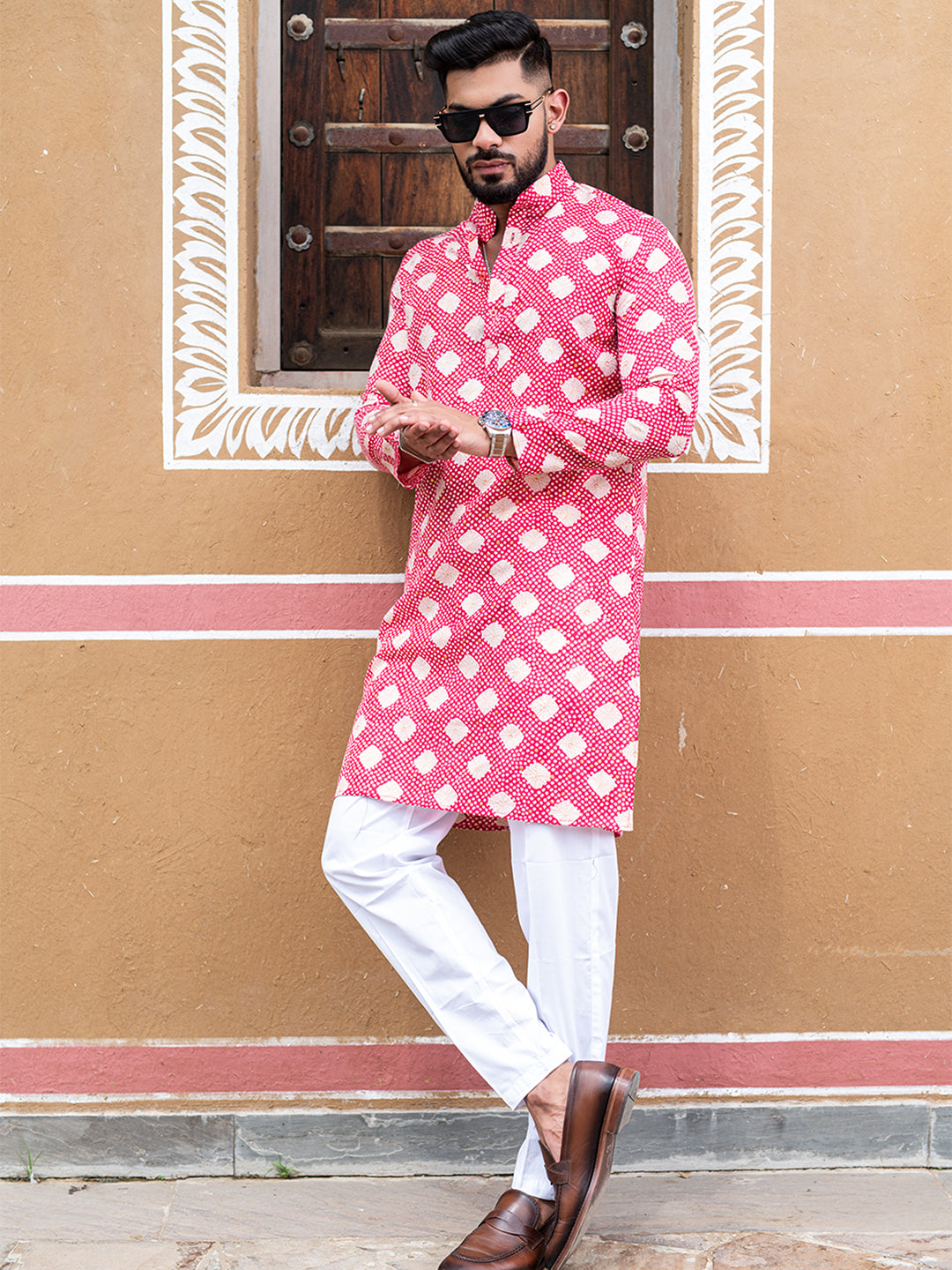 Pink Bandhani Printed Cotton Mens Kurta