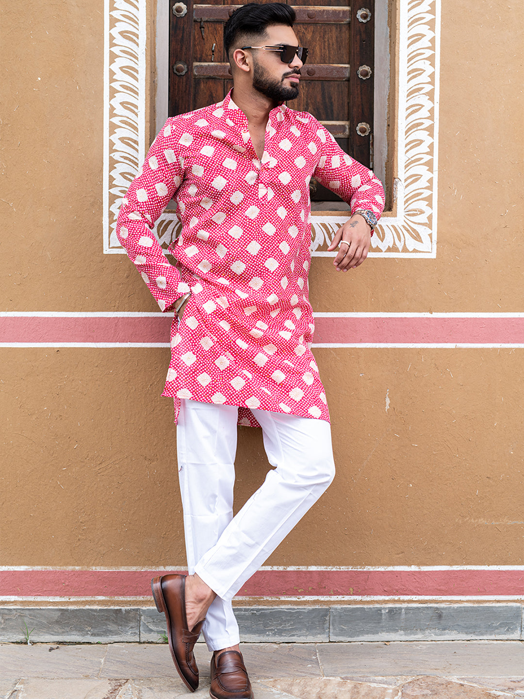 Pink Bandhani Printed Cotton Mens Kurta