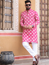 Pink Bandhani Printed Cotton Mens Kurta