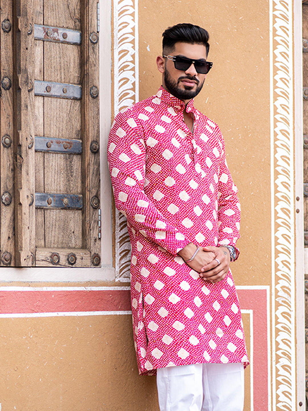 Pink Bandhani Printed Cotton Mens Kurta