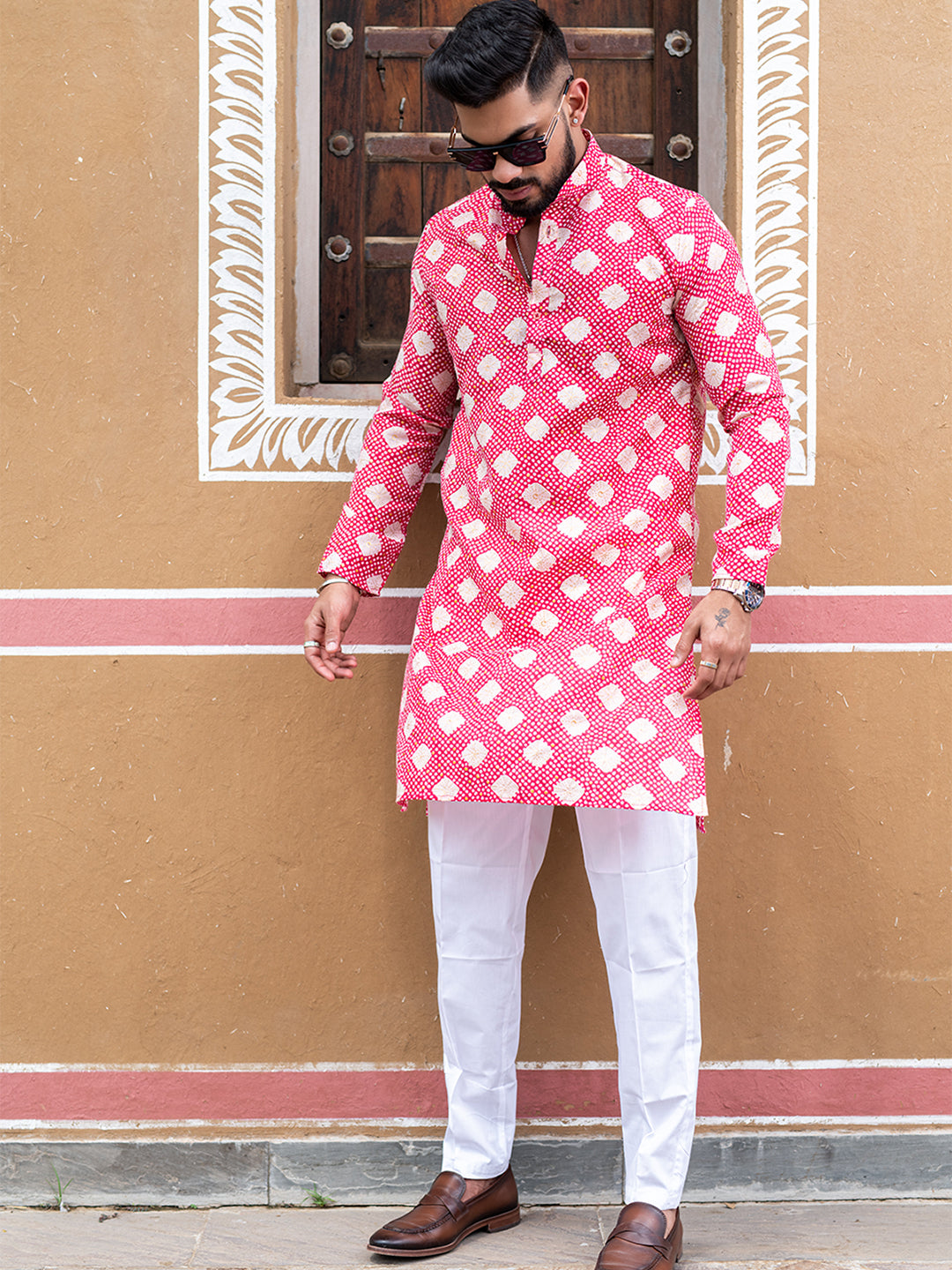 Pink Bandhani Printed Cotton Mens Kurta