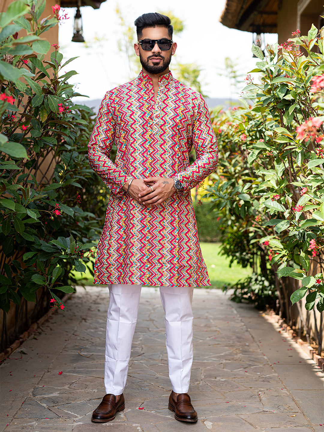 Pink Floral Chevron Printed Cotton Mens Kurta