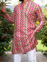 Pink Floral Chevron Printed Cotton Mens Kurta