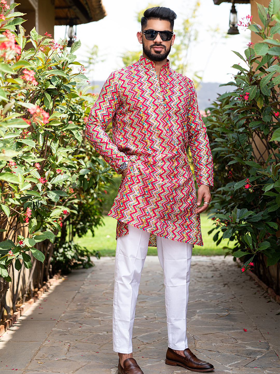 Pink Floral Chevron Printed Cotton Mens Kurta