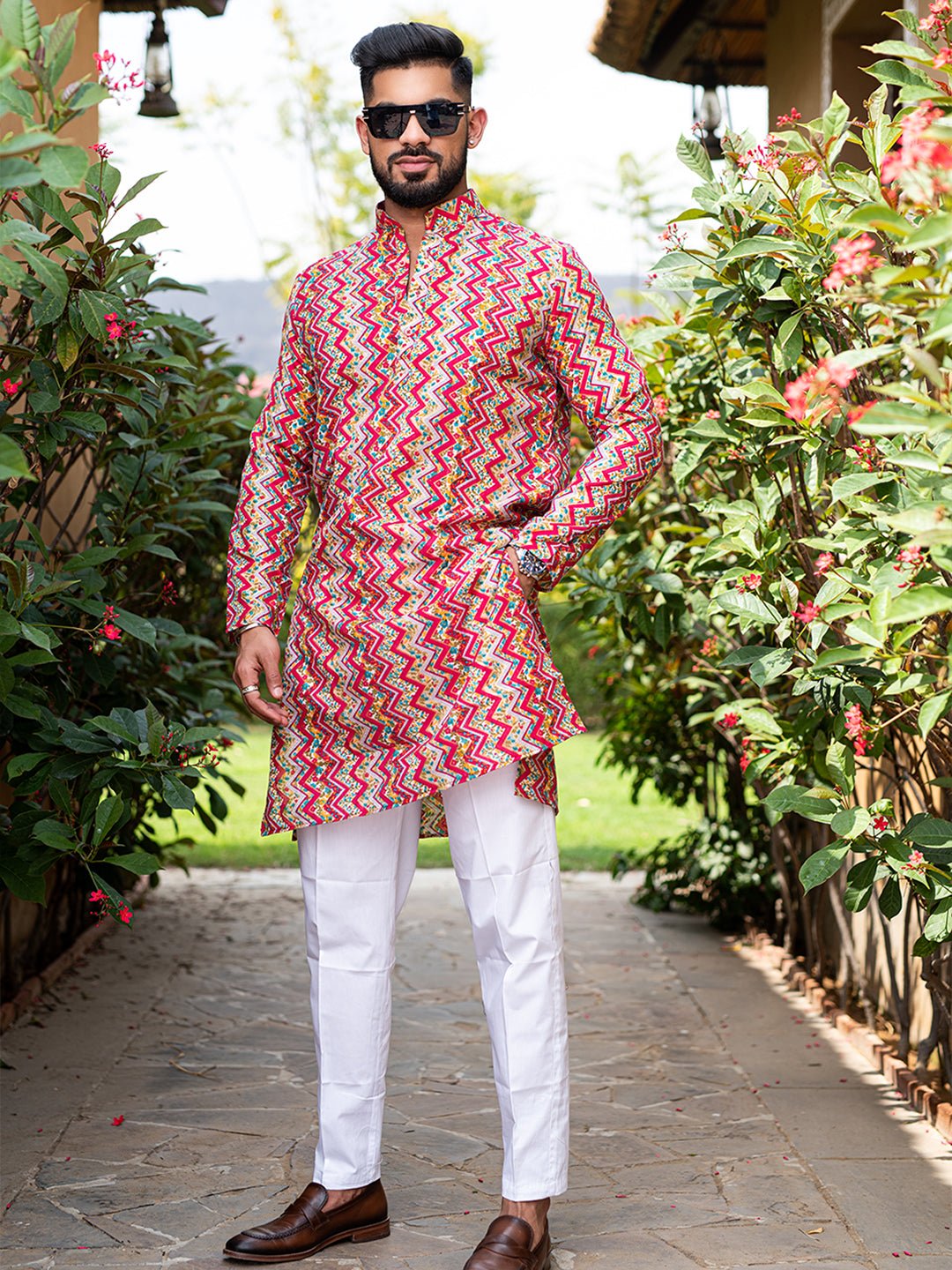 Pink Floral Chevron Printed Cotton Mens Kurta